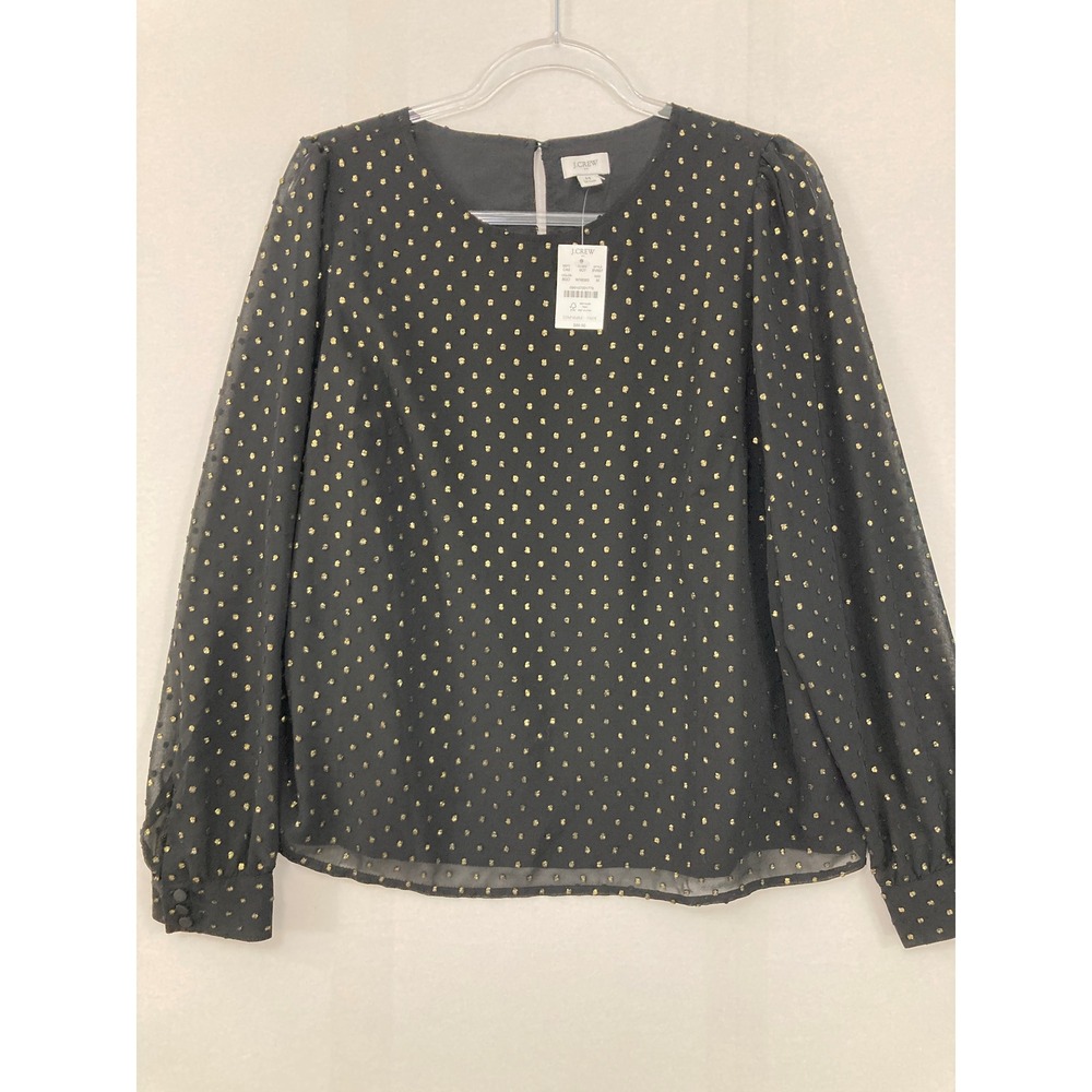 New J.Crew Metallic Swiss Dot Blouse Medium Black Gold‎ Long Sleeve Holiday
